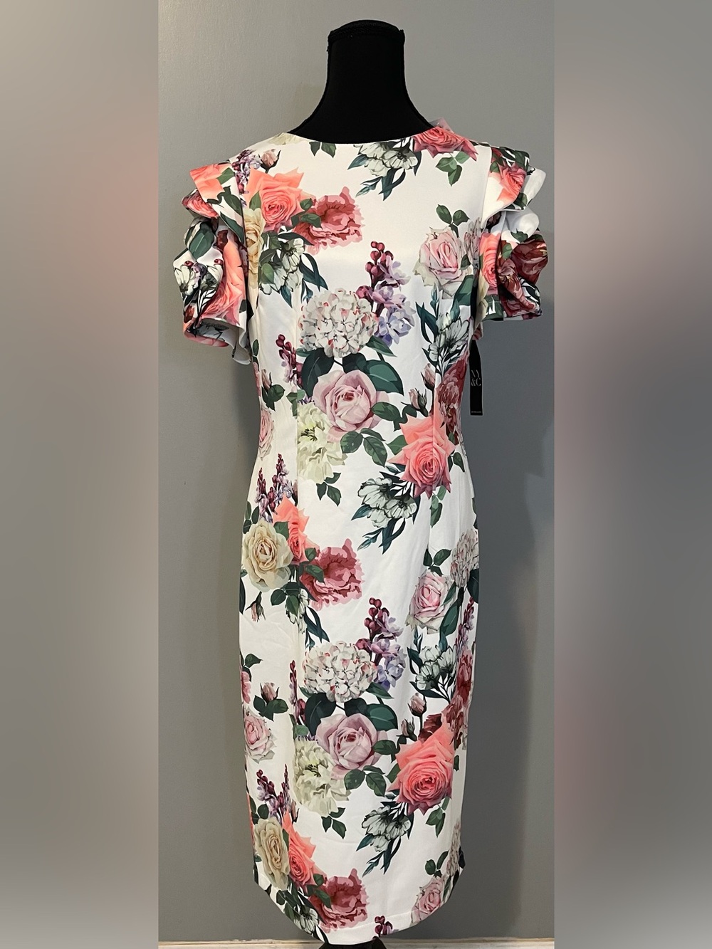 New York & Company White Floral Sheath Dress with Pink and Green Accents